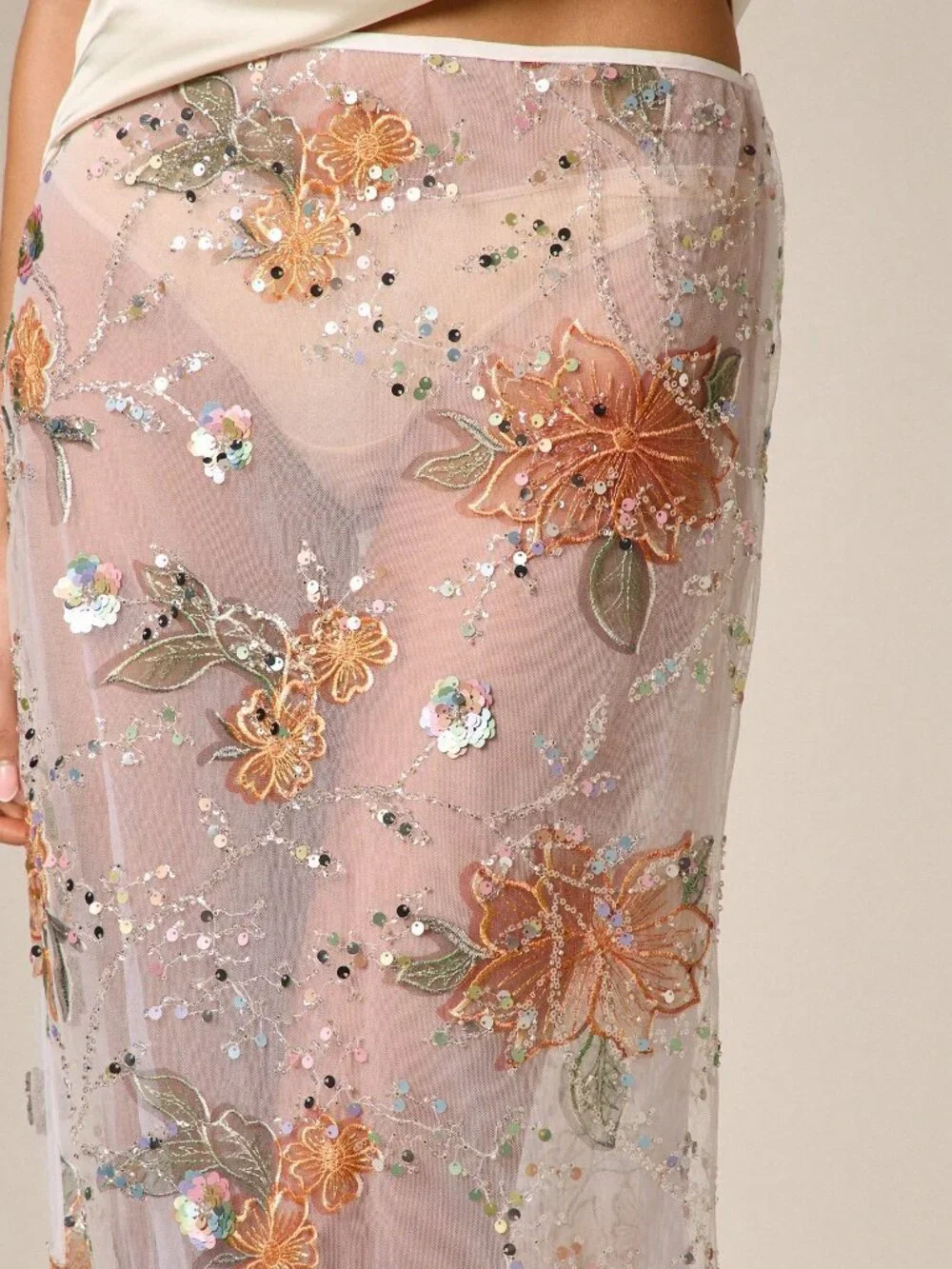 Multicolor Sexy Women's Floral Pattern Sequin Embellished Maxi Skirt with Floral